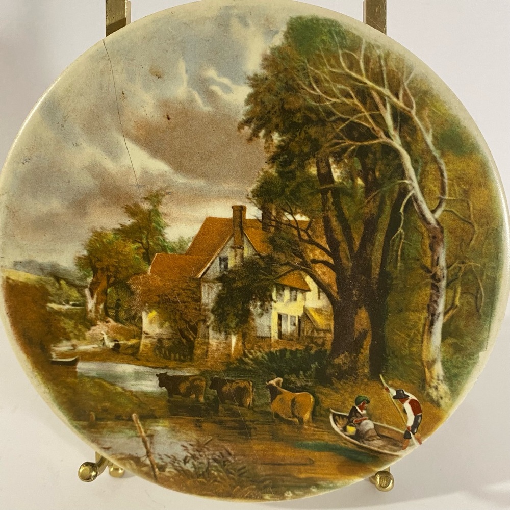 Antique Hyalyn Pastoral Scene Ceramic Wall Plaque with Hanger on Back